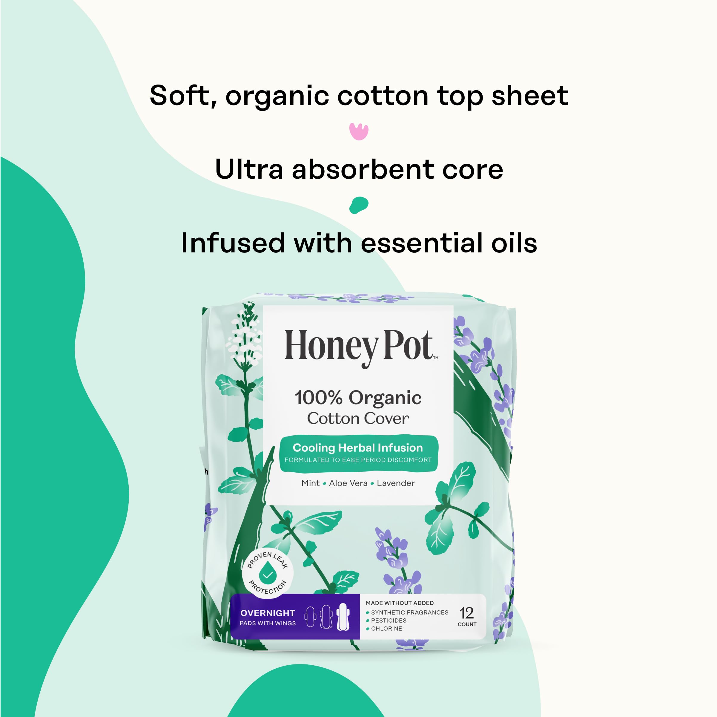 The Honey Pot Company herbal overnight pad with wood pulp core for absorbency.