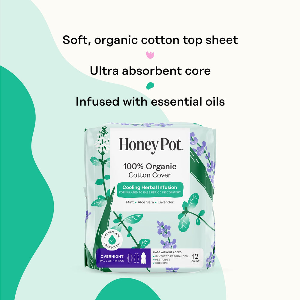 The Honey Pot Company herbal overnight pad with wood pulp core for absorbency.