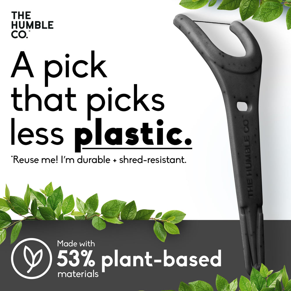 Charcoal Humble Co floss pick aiding interdental cleaning between teeth