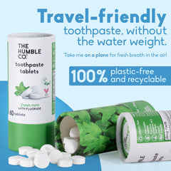 Close-up of Humble Co toothpaste tablets with fresh mint flavor for on-the-go use.