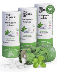 The Humble Co mint toothpaste tablets in a travel-friendly pack for water-free brushing.