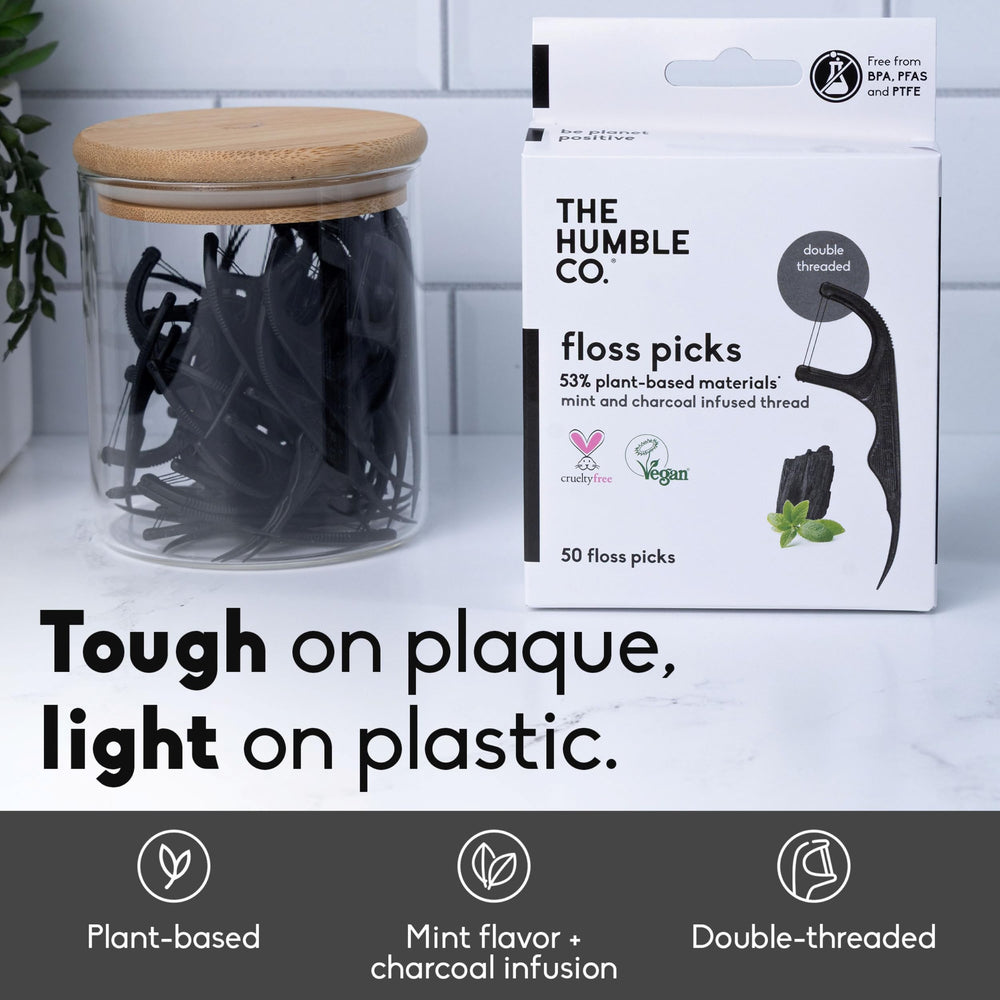 The Humble Co. floss picks double-thread close-up showing durability