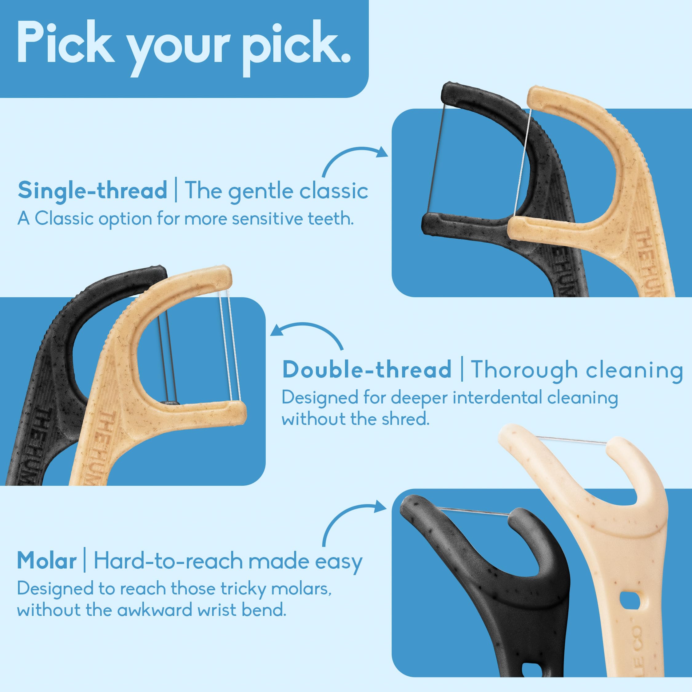 The Humble Co. dual-ended floss picks featuring two cleaning options