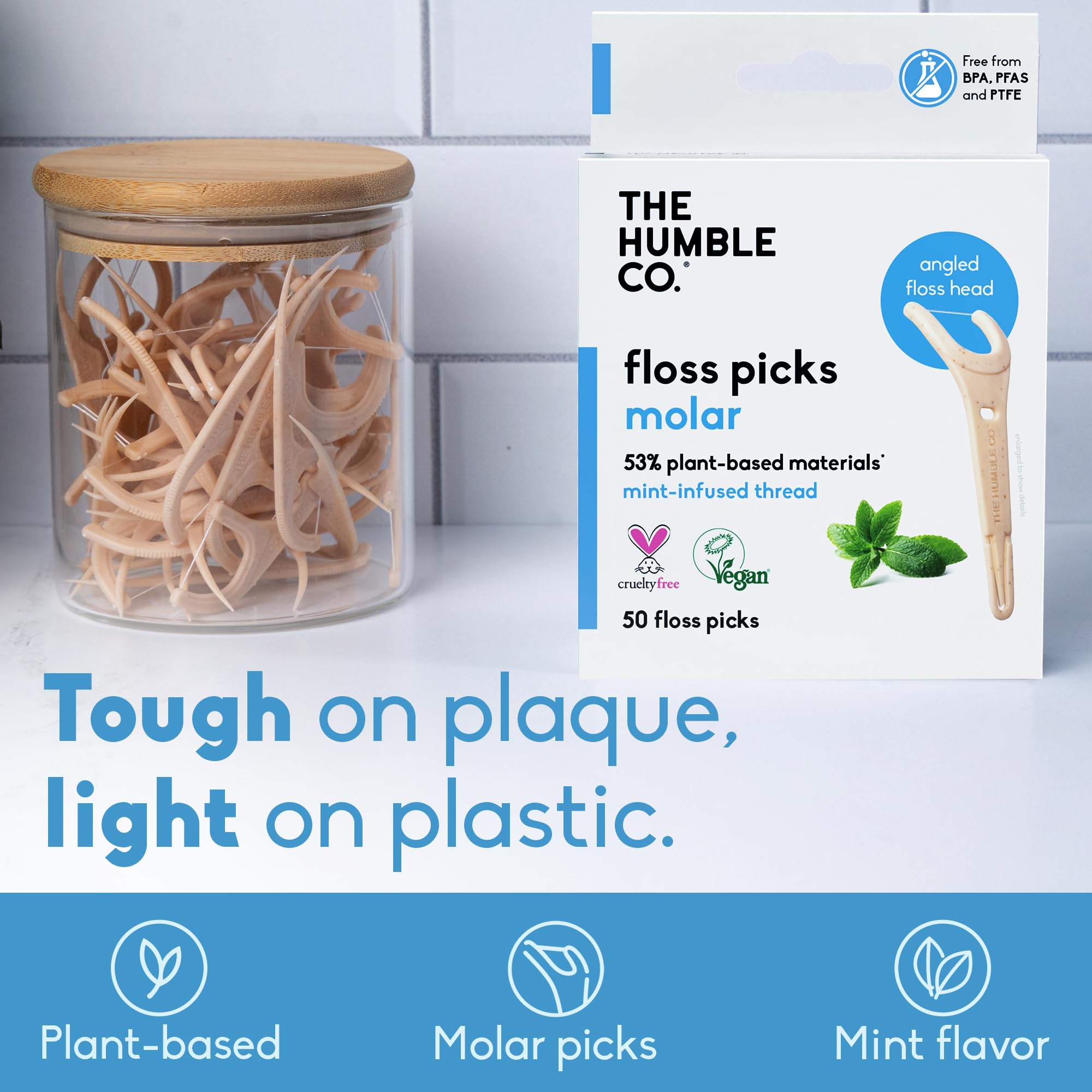 The Humble Co molar floss picks provide back-teeth access for thorough interdental cleaning.