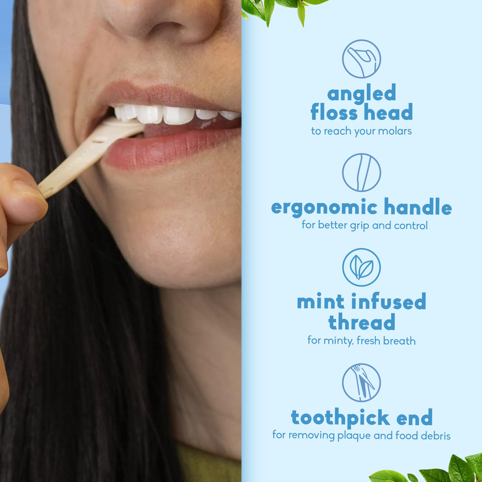 The Humble Co molar floss picks feature plant-based handle material for lower plastic waste.
