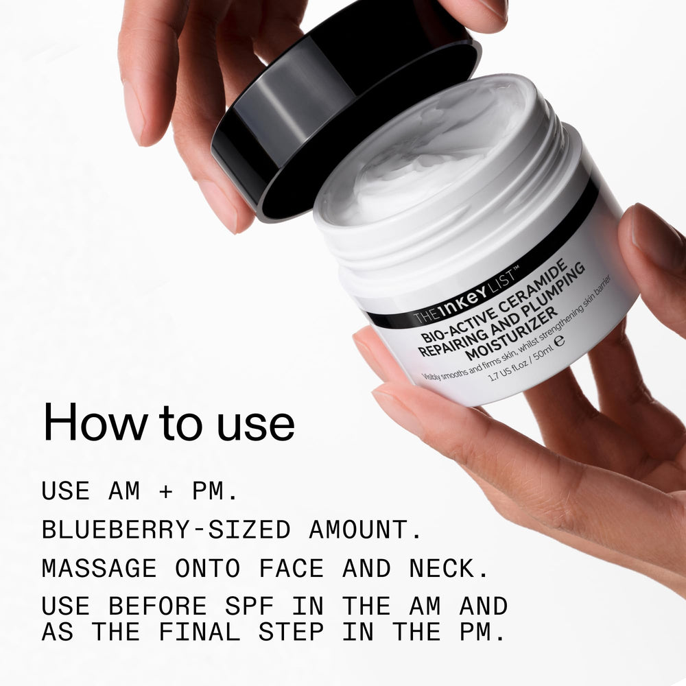 Bio-Active Ceramide Repairing Moisturizer ingredients label emphasizes fragrance-free formula.
