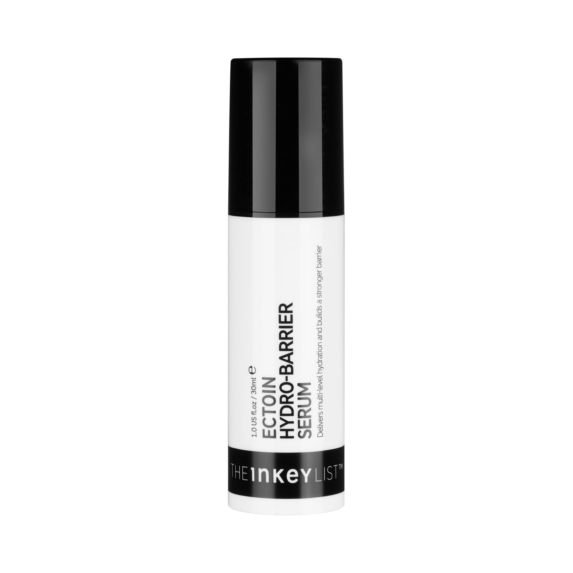 The INKEY List Ectoin Hydro-Barrier Serum bottle close-up shows premium hydration and barrier support.