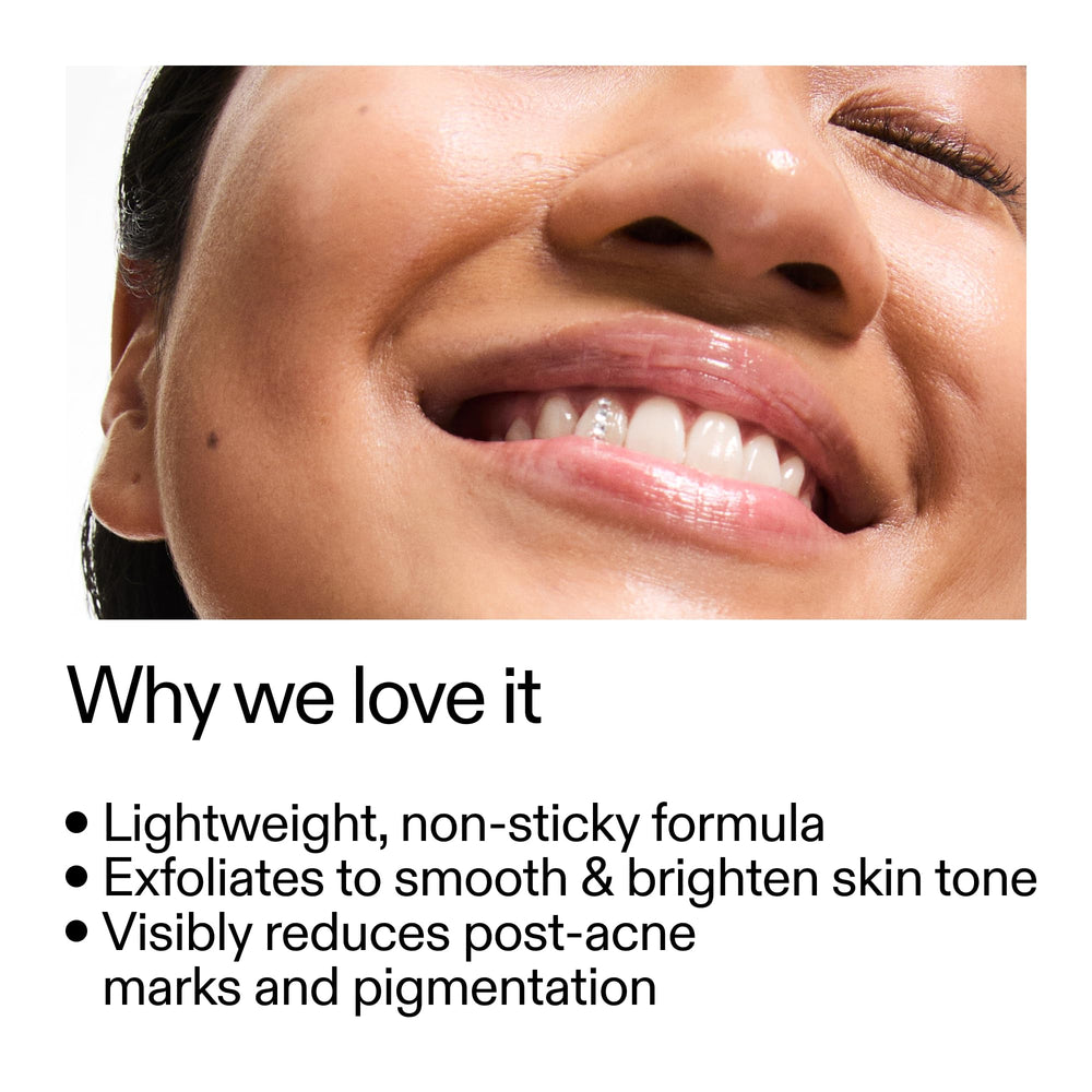 Application drops on skin showing gentle exfoliation and even tone possibilities.