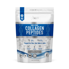 The Intelligent Health collagen peptides powder bottle shows grass-fed origin for joint support.