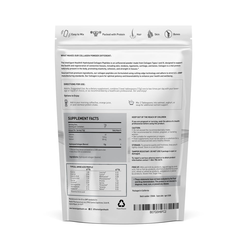 The Intelligent Health collagen powder jar label highlights gluten-free and keto-friendly ingredients.