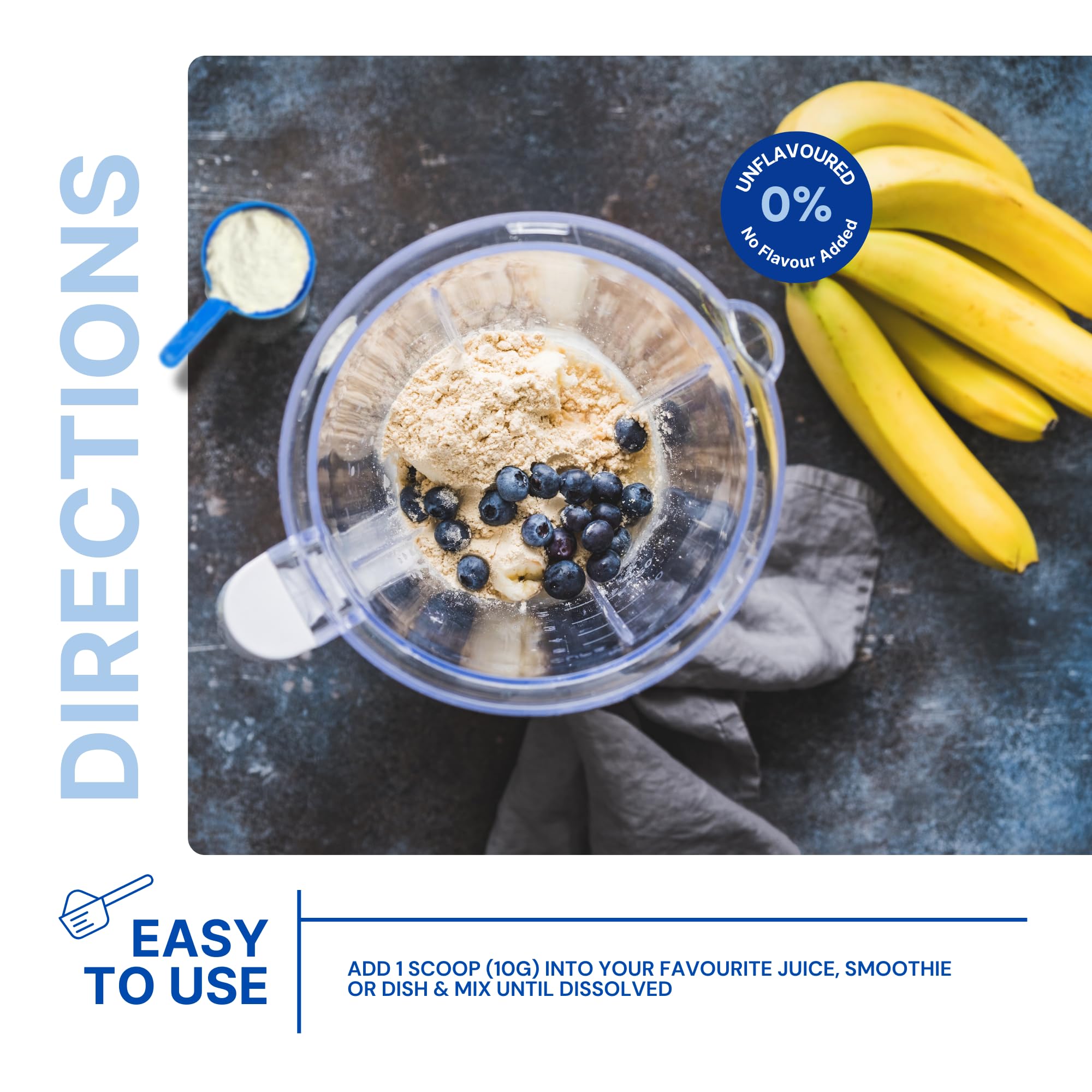 Collagen powder stirred into a smoothie shows easy mixability and neutral taste.