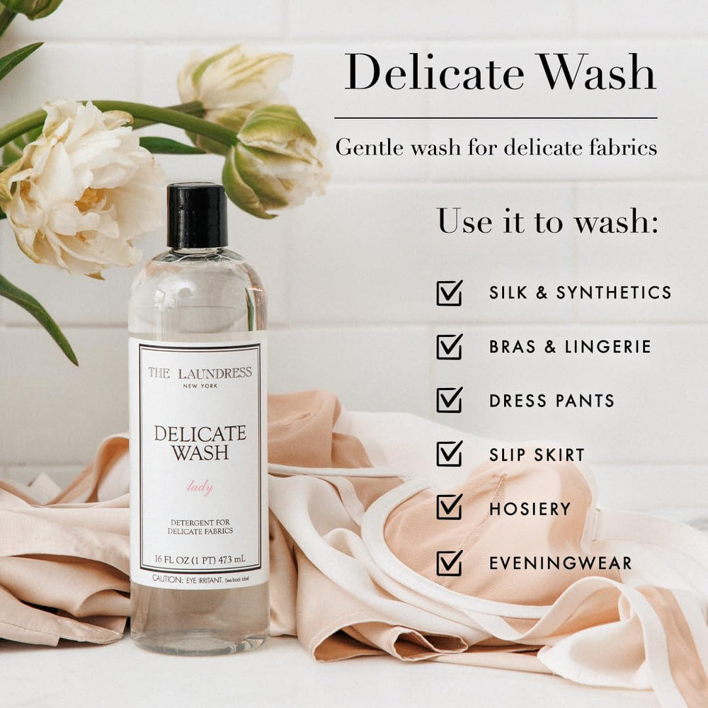 The Laundress Delicate Wash bottle on cold-water setup illustrates optimized performance in cool cycles.