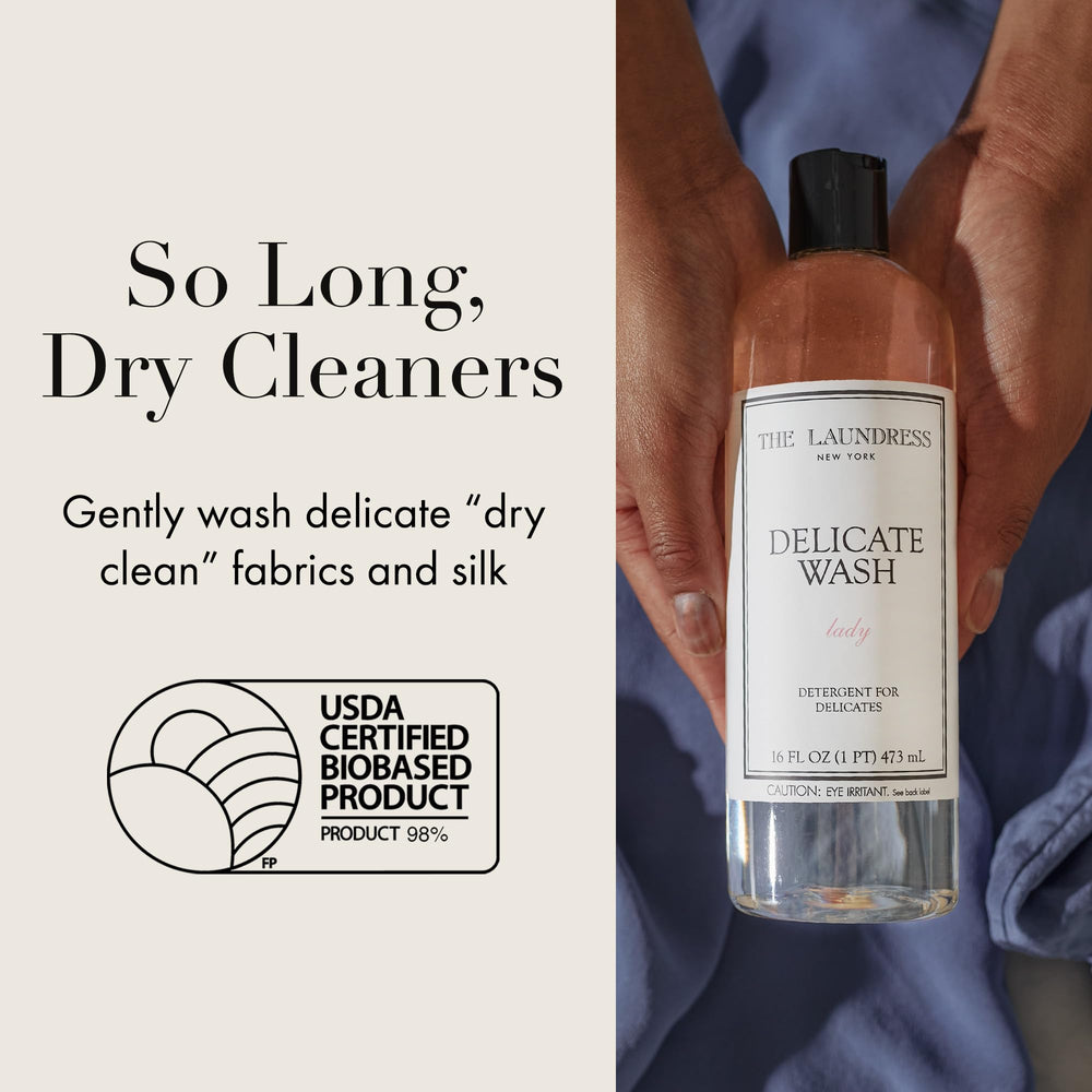 The Laundress Delicate Wash label close-up highlights bio-based, enzyme-free formula for delicate care.