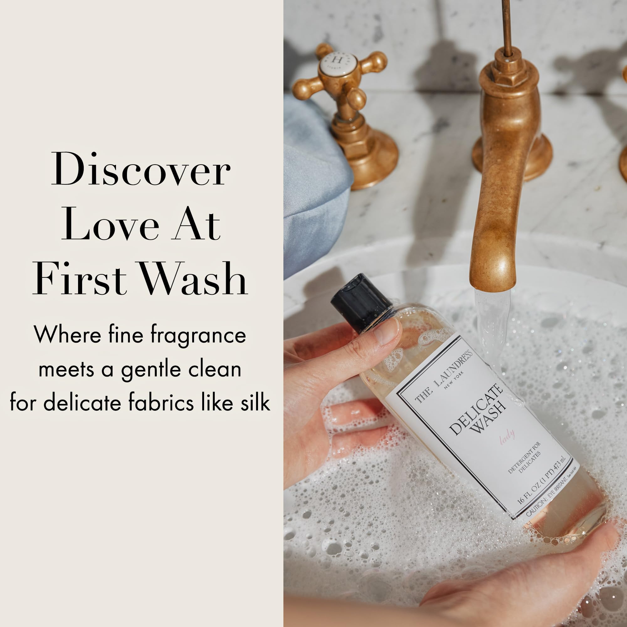 The Laundress Delicate Wash transparent formula close-up emphasizes lightweight texture for mess-free dosing.