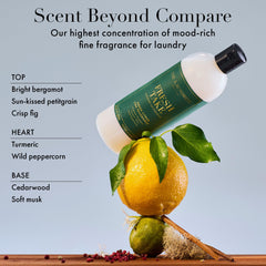 The Laundress Fresh Take fragrance swirl conveys green citrus notes that linger on fabrics.