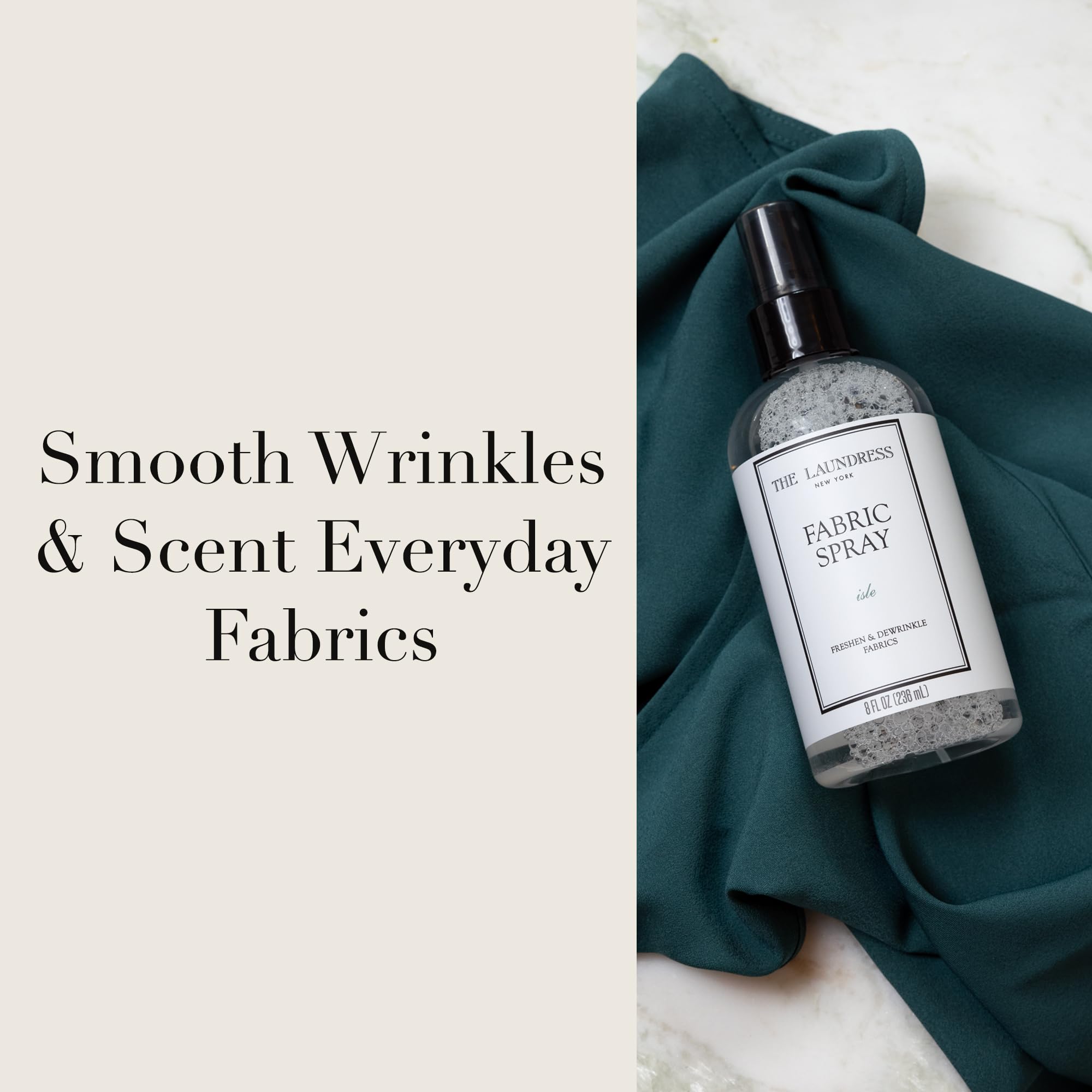 Closeup of The Laundress Isle crease release showing wrinkle-smoothing action.