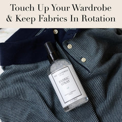 The Laundress Isle upholstery spray applied to a sofa to refresh fabric.