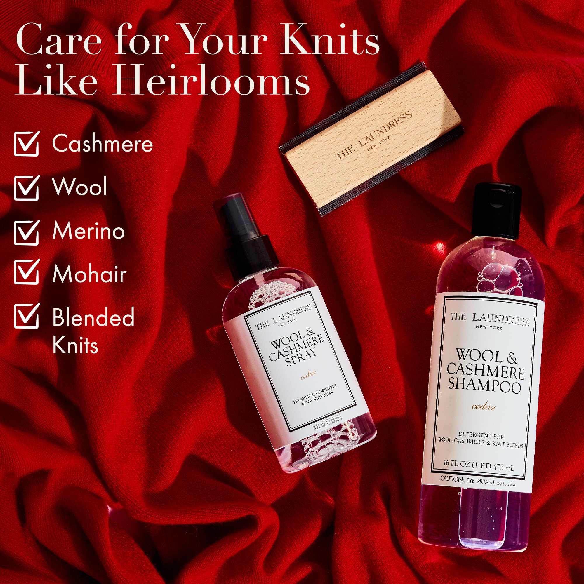 The Laundress Wool & Cashmere Shampoo bottle cap shows controlled dosing for concentrated formula.
