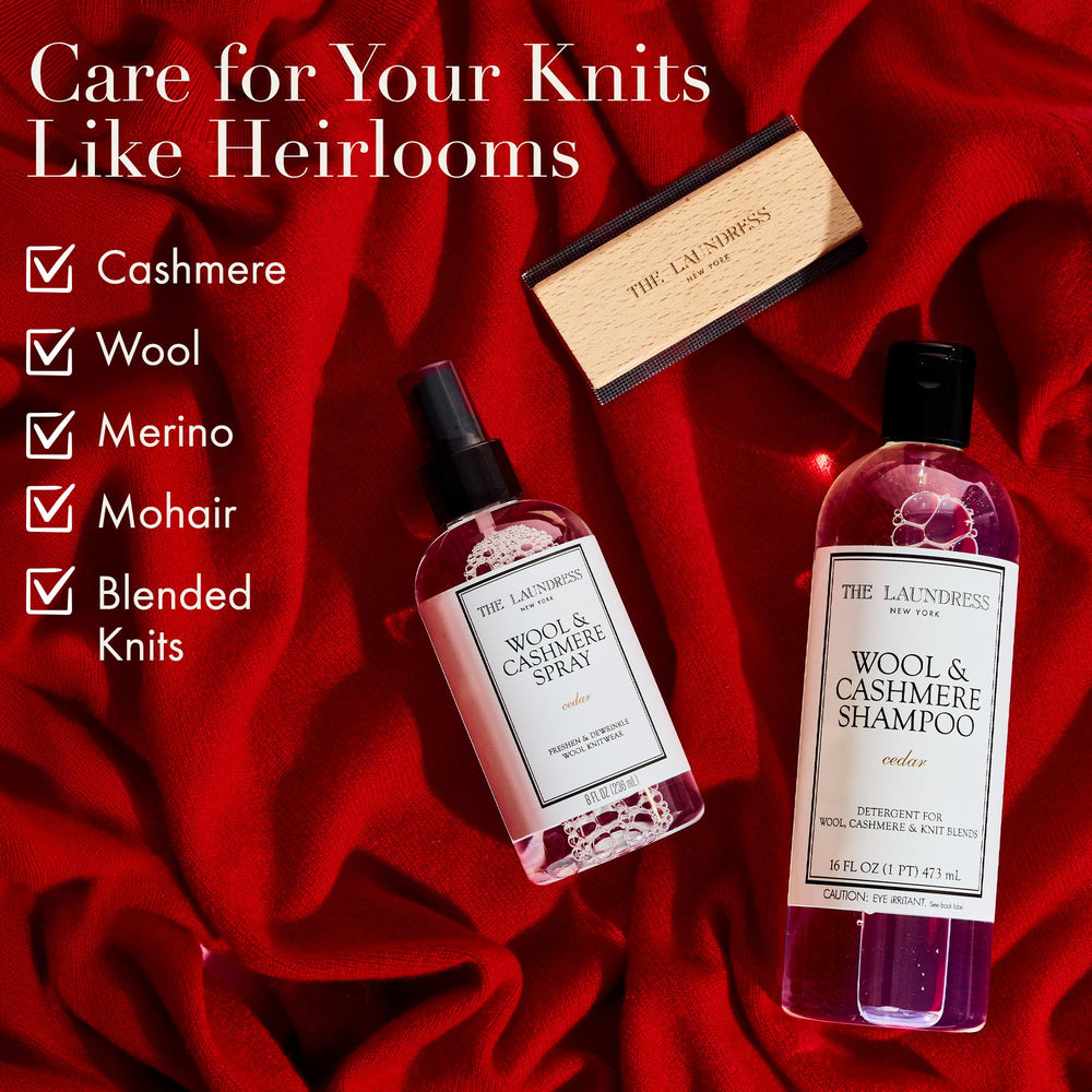 The Laundress Wool & Cashmere Shampoo bottle cap shows controlled dosing for concentrated formula.
