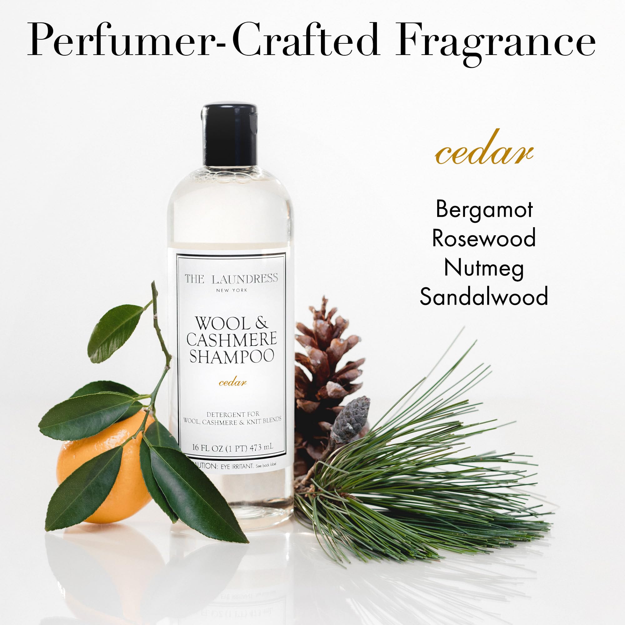 The Laundress Wool & Cashmere Shampoo cedar fragrance notes evoke a refined wash experience.