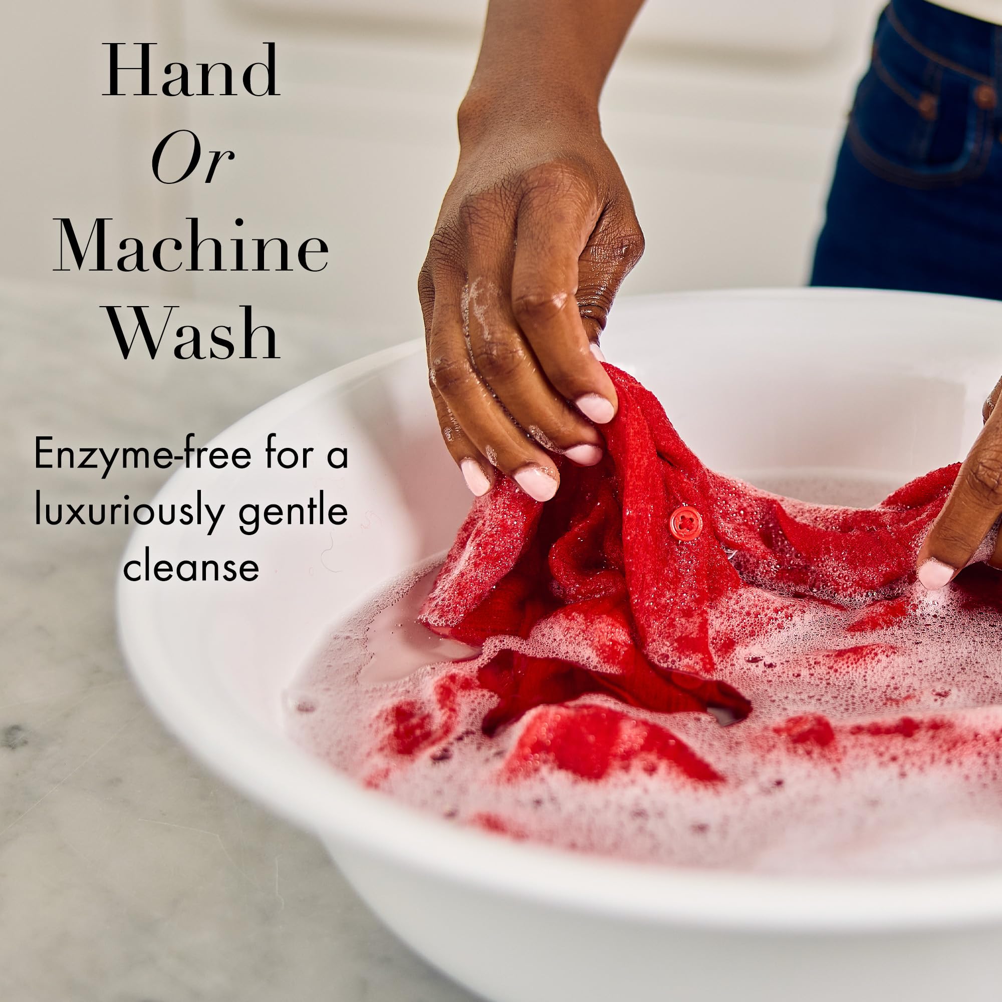 The Laundress Wool & Cashmere Shampoo hand-wash scene suggests careful care for sweaters.