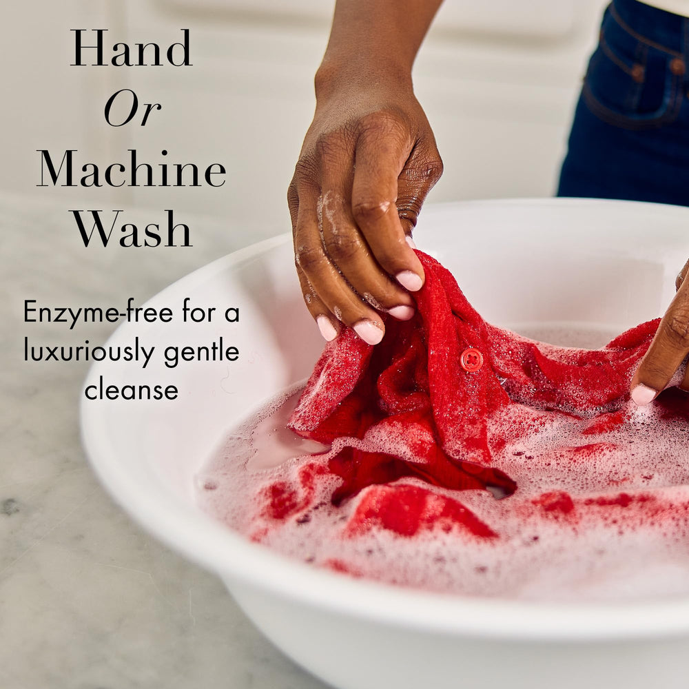 The Laundress Wool & Cashmere Shampoo hand-wash scene suggests careful care for sweaters.