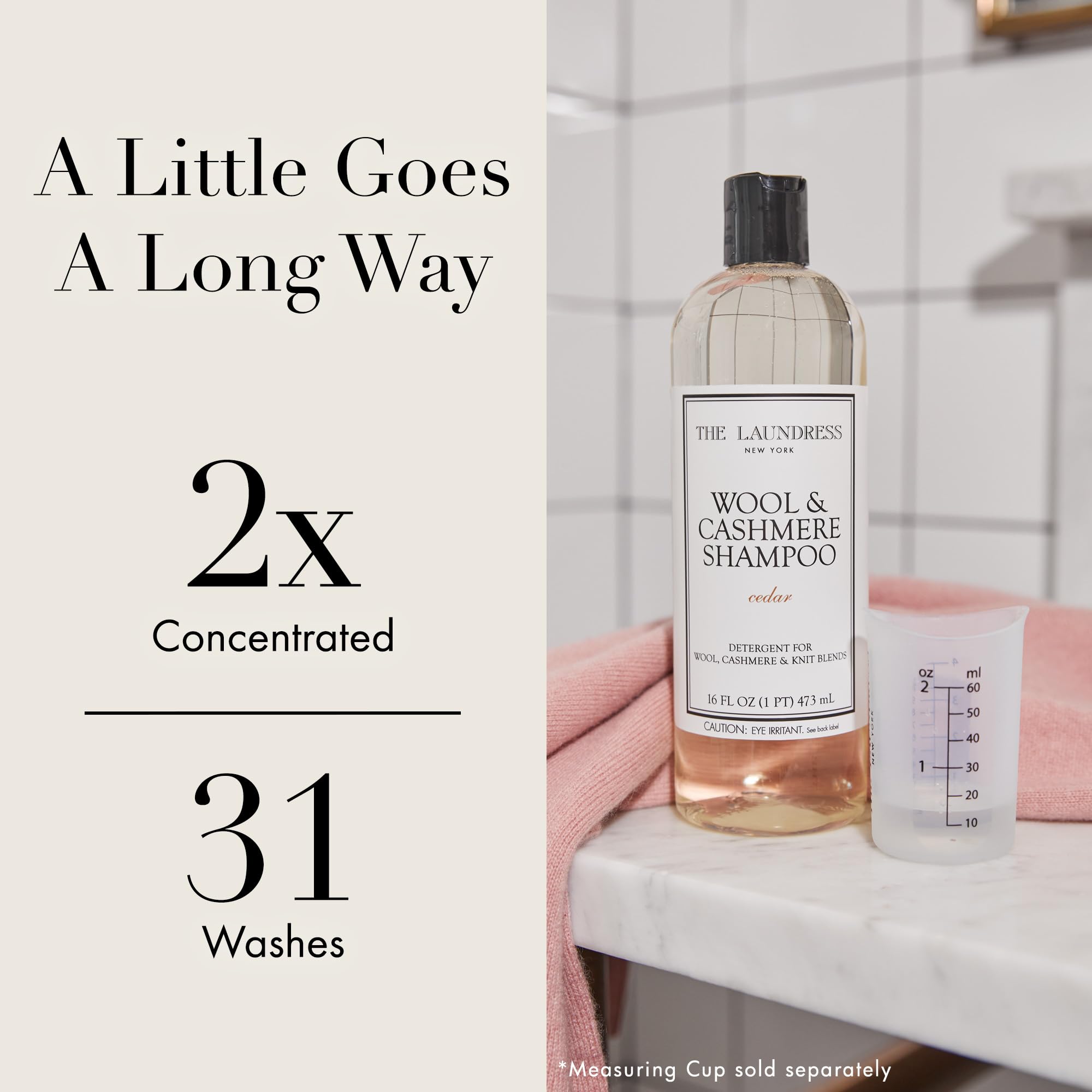 The Laundress Wool & Cashmere Shampoo laundry-room setup emphasizes machine-wash compatibility.