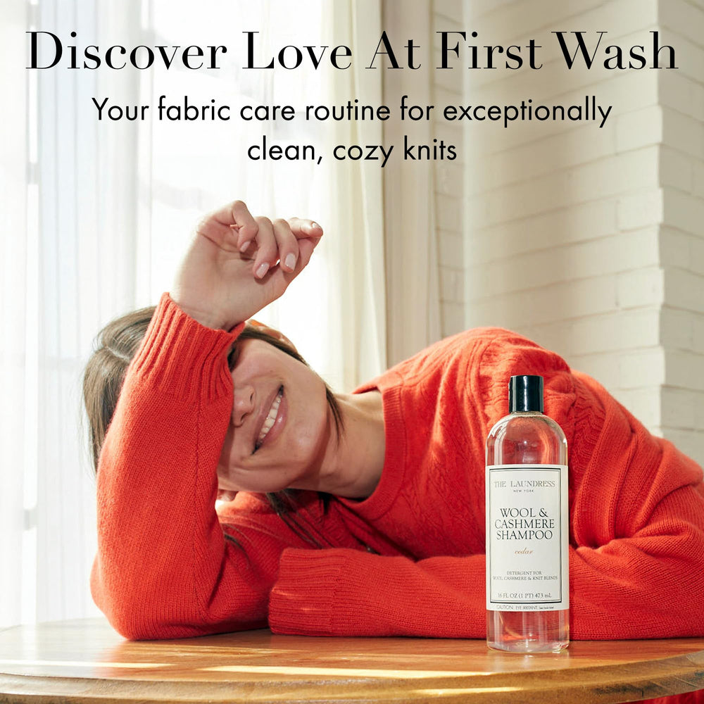 The Laundress Wool & Cashmere Shampoo soft-knitwear image hints at supple knitwear.