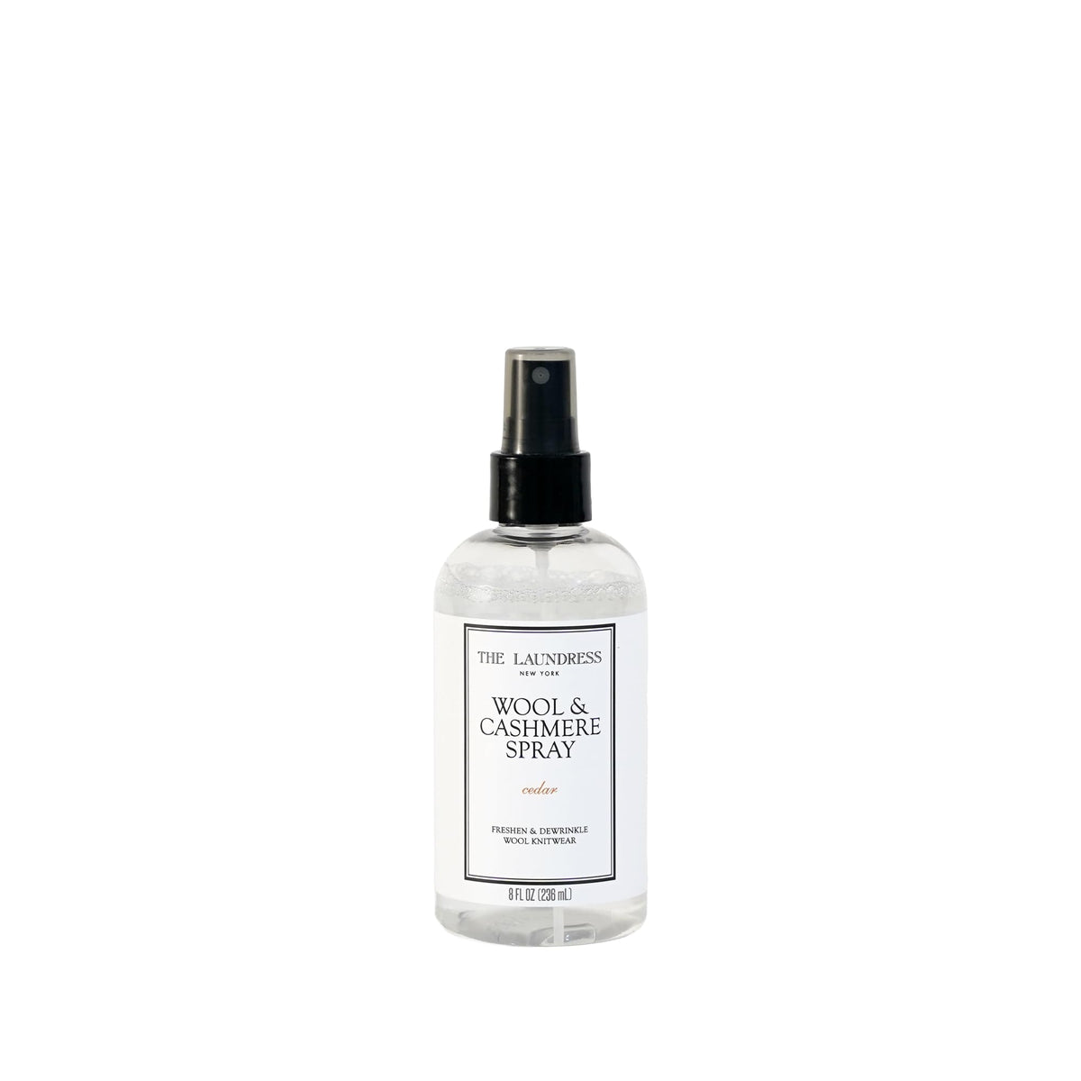 The Laundress Wool and Cashmere Spray bottle with cedar scent refreshing knits between washes
