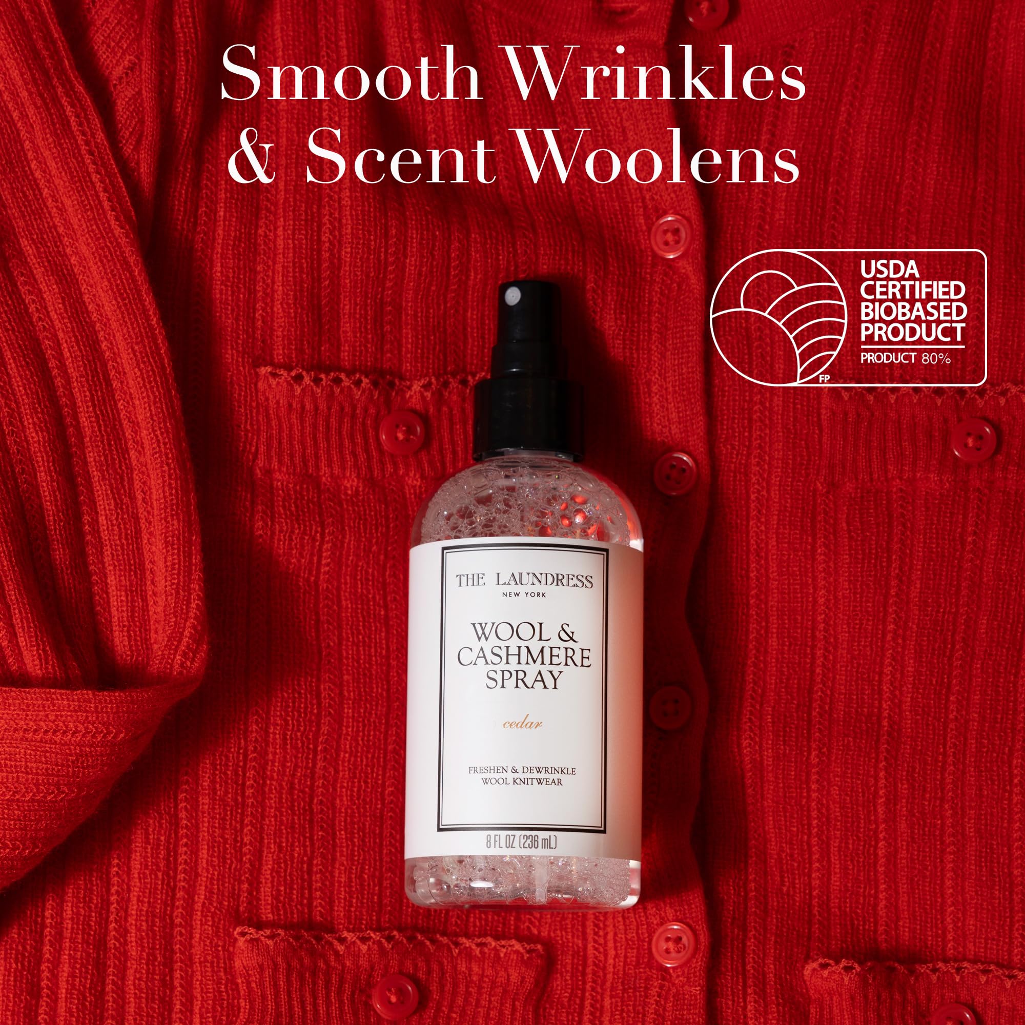 The Laundress Wool Dewrinkle Spray mist lifting creases from woolens