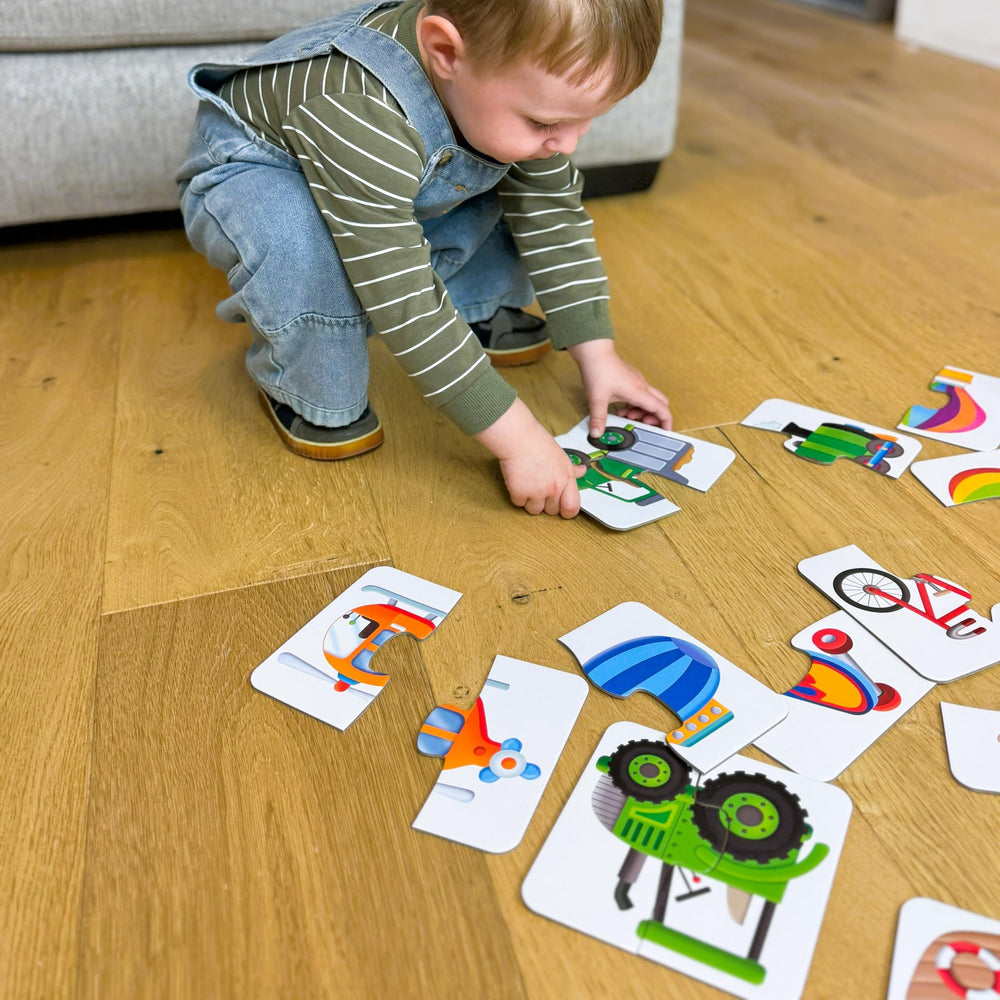 The Learning Journey puzzle card set completes a colorful transport scene with each correct fit.