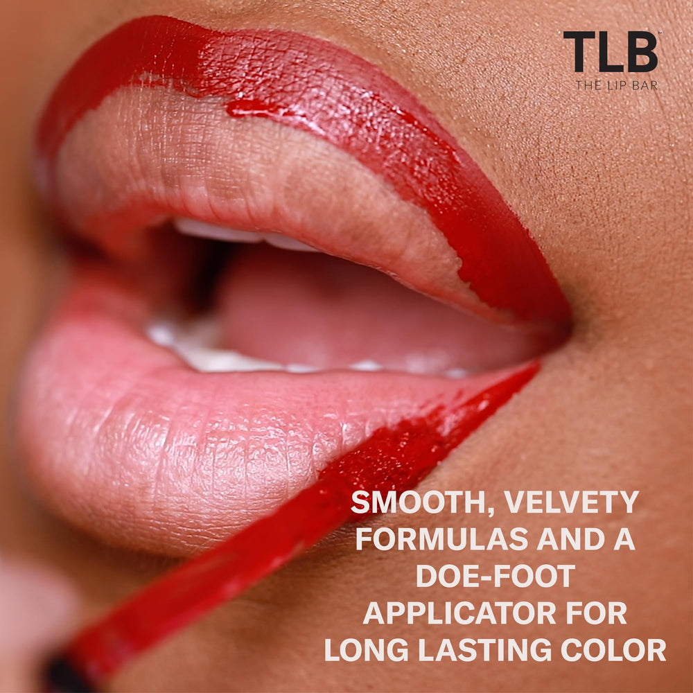 The Lip Bar matte application shows velvety finish on lips.