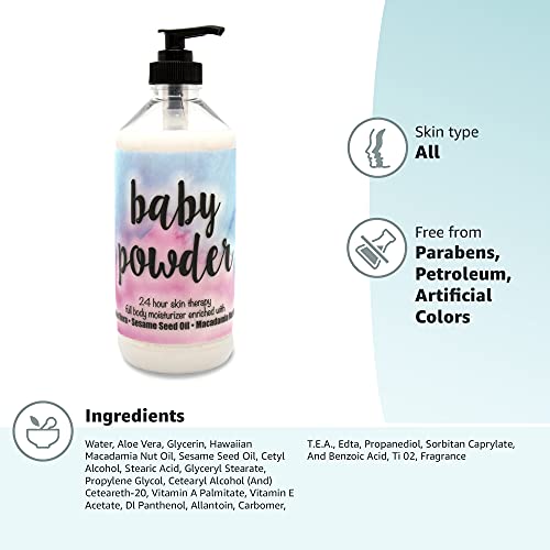 Powdery baby powder scent from The Lotion Company adds comforting aroma.
