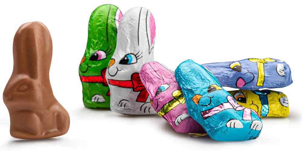 Madelaine bunny wrapped in six-color foils, eye-catching display.