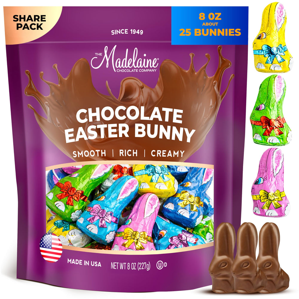 Madelaine Easter bunny in six colorful foils, ideal for vibrant Easter baskets.