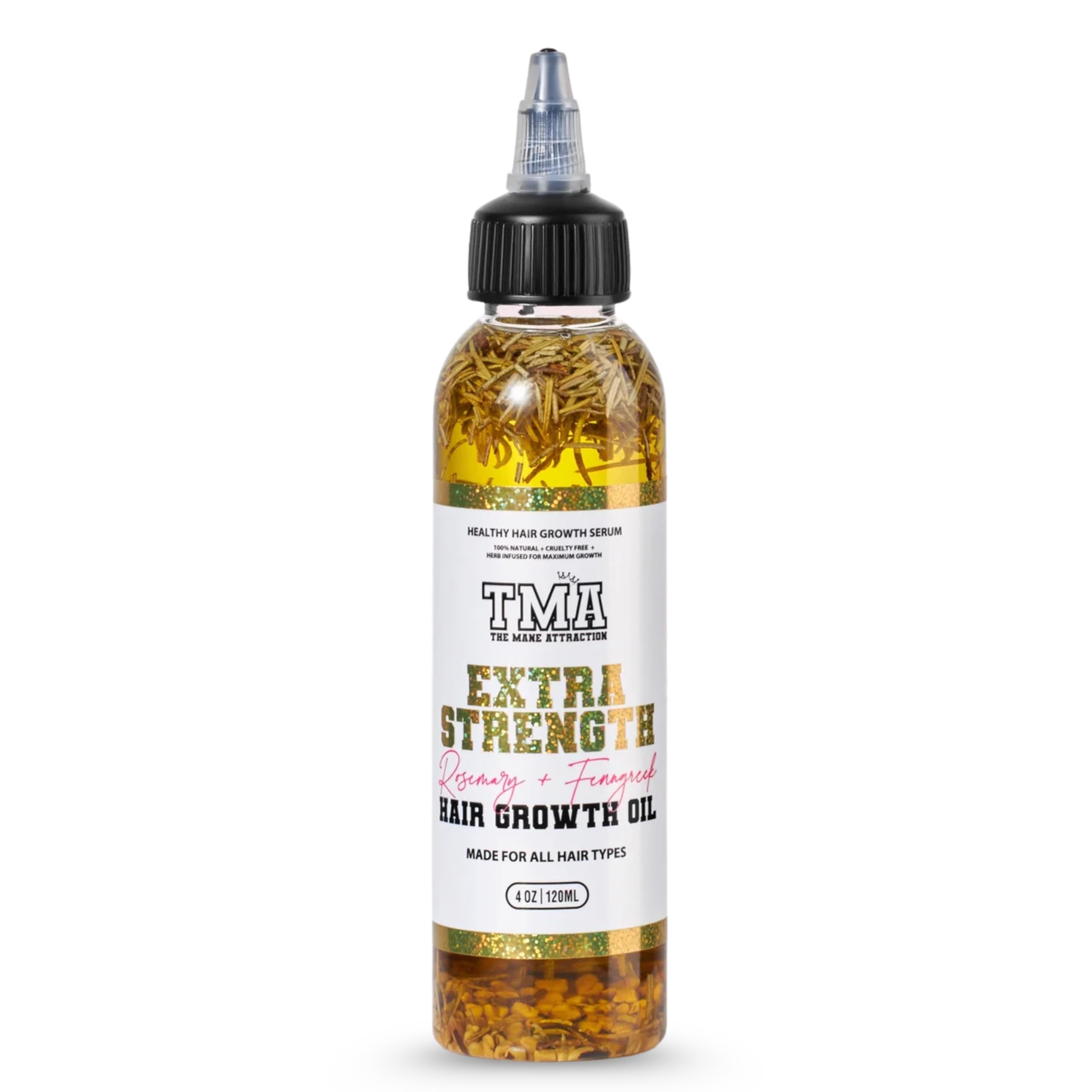 The Mane Attraction Extra Strength Rosemary Fenugreek Oil bottle pour nourishes the scalp and hair health.