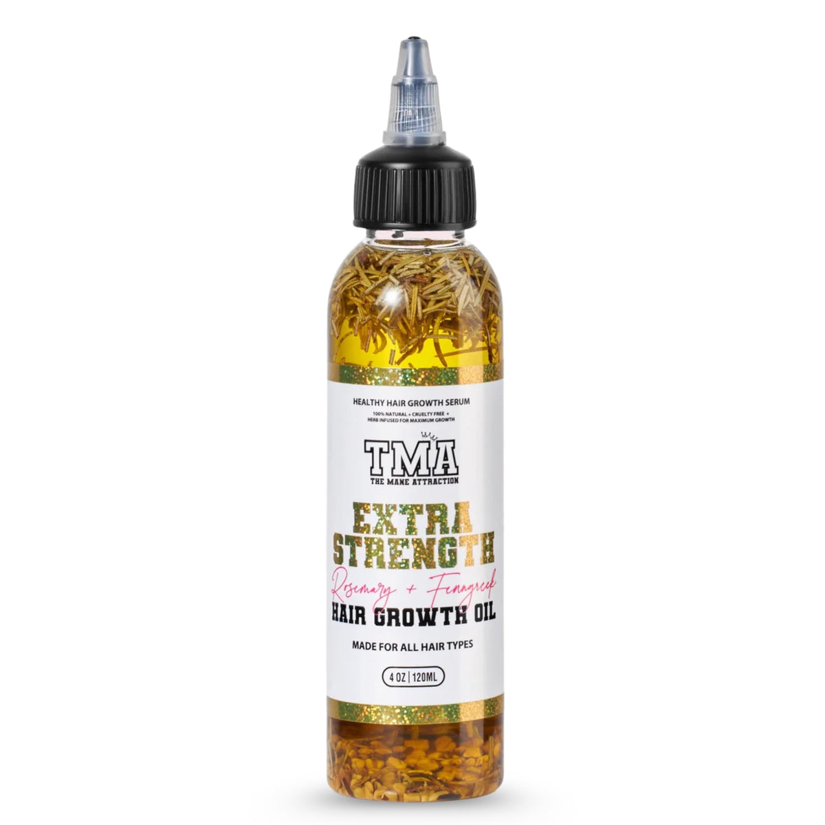 The Mane Attraction Extra Strength Rosemary Fenugreek Oil bottle pour nourishes the scalp and hair health.