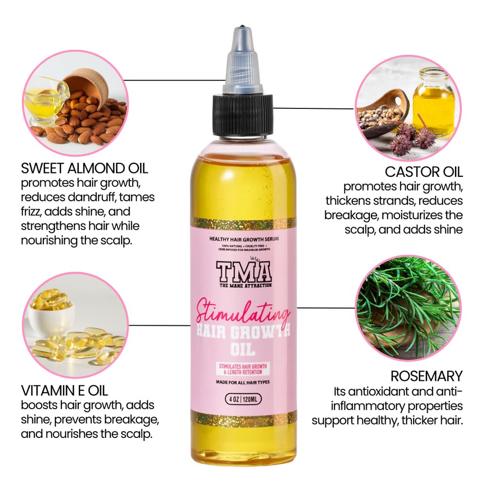The Mane Attraction hair oil blends rosemary, castor oil and black seed oil for nourishing roots.