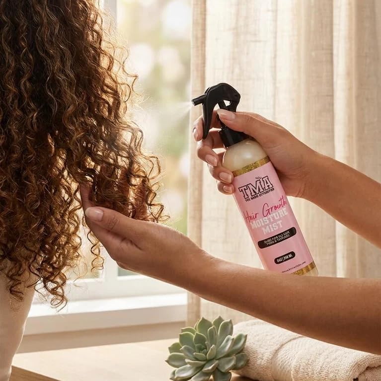 The Mane Attraction Nourishing Daily Hair Growth Moisture Mist ingredients jar emphasizes almond oil softness.