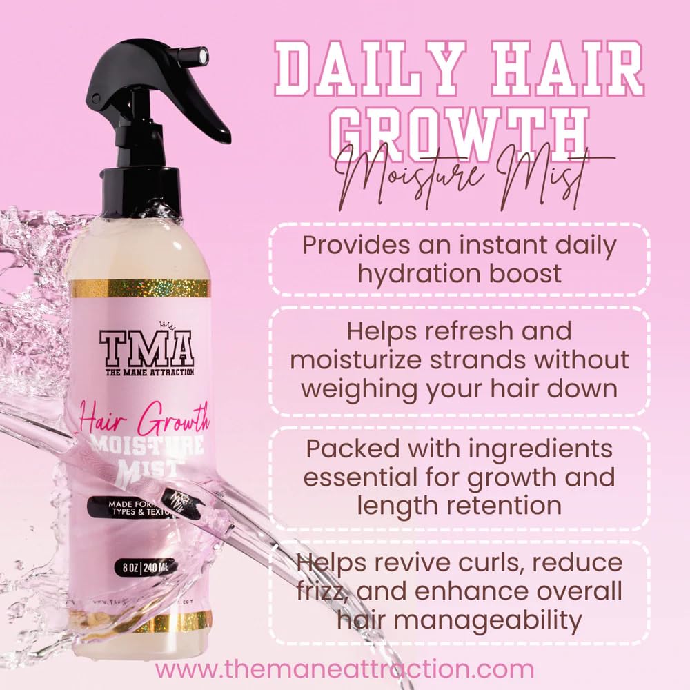 The Mane Attraction Nourishing Daily Hair Growth Moisture Mist ingredients label highlights aloe vera and honey.