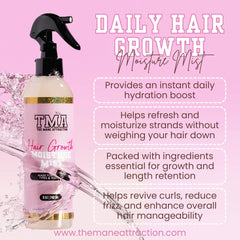 The Mane Attraction Nourishing Daily Hair Growth Moisture Mist ingredients label highlights aloe vera and honey.