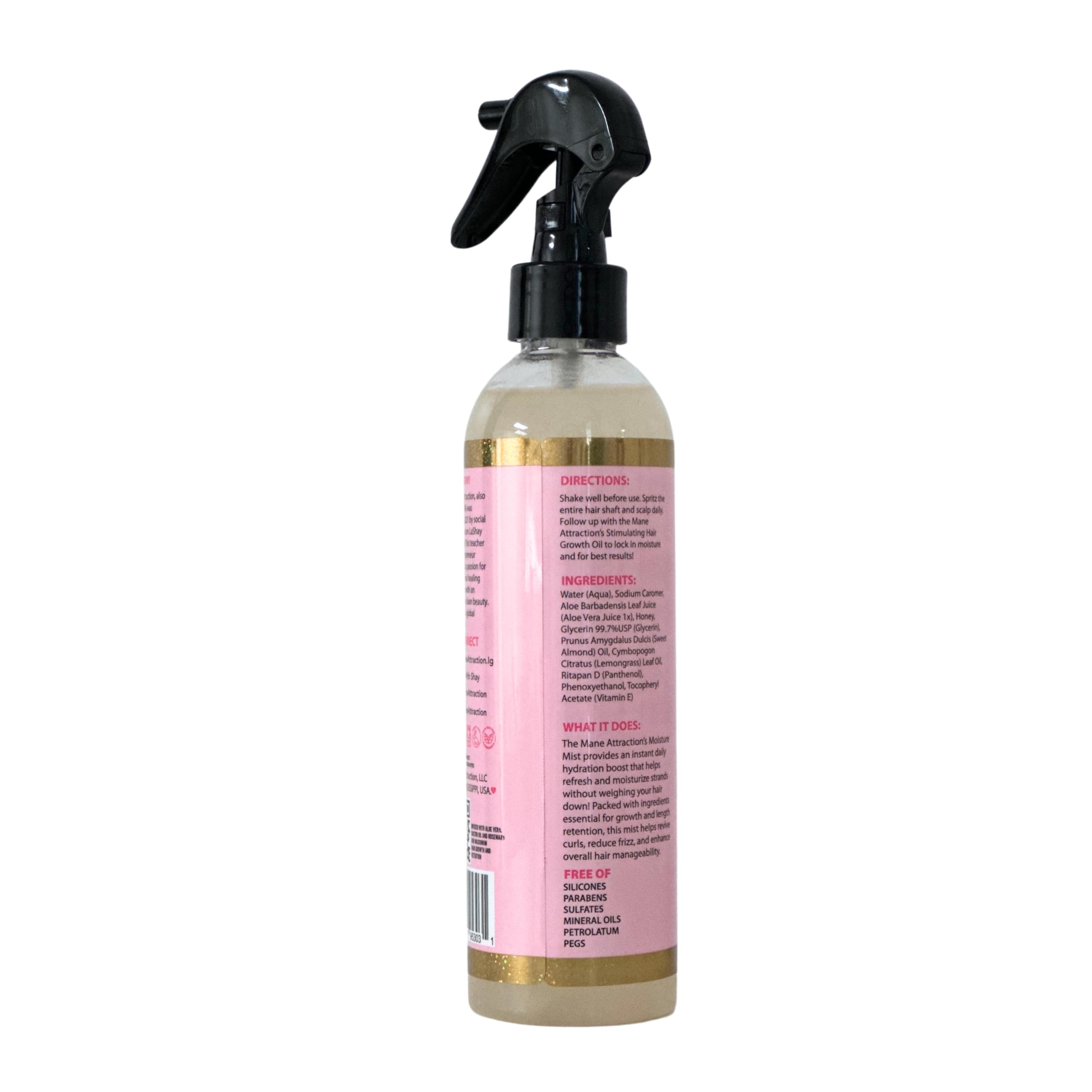 The Mane Attraction Nourishing Daily Hair Growth Moisture Mist packaging showcases safe, gentle care.