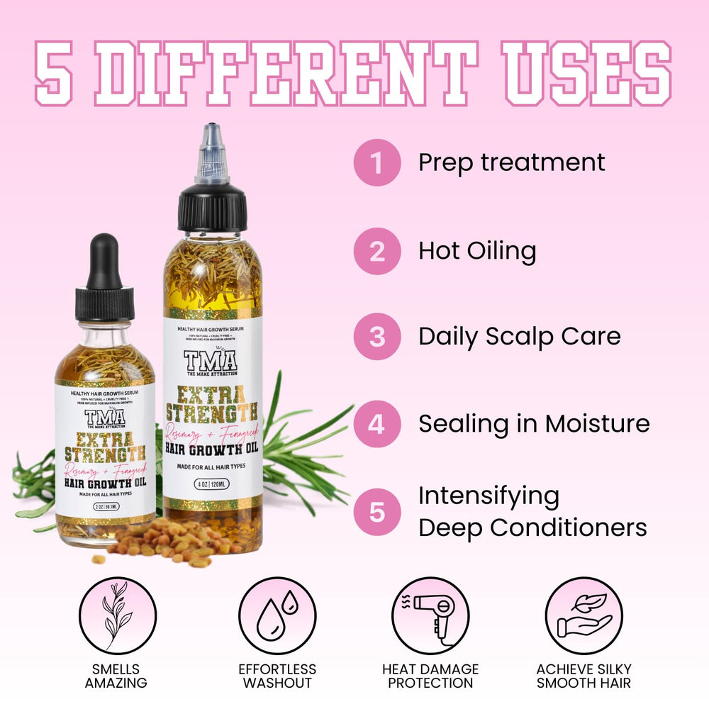 The Mane Attraction Rosemary Fenugreek Oil label highlights ingredients for balanced scalp care.