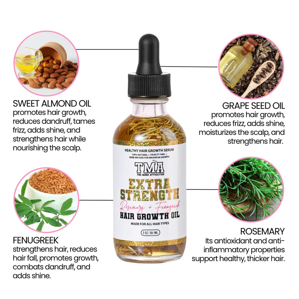 The Mane Attraction Rosemary Fenugreek Oil scalp-application shows easy massage for healthy roots.