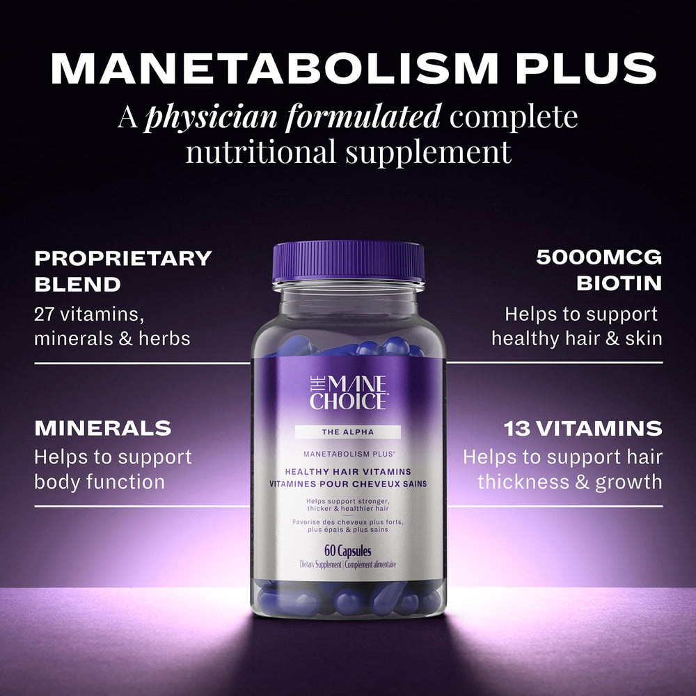 Manetabolism Plus tablets shown as part of daily hair care routine