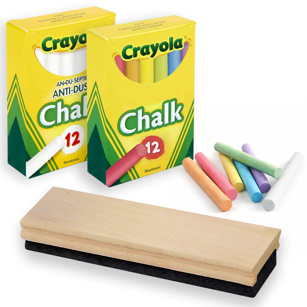 The Mega Deals chalkboard chalk 24-pack in white and colors for classroom use and crafts.