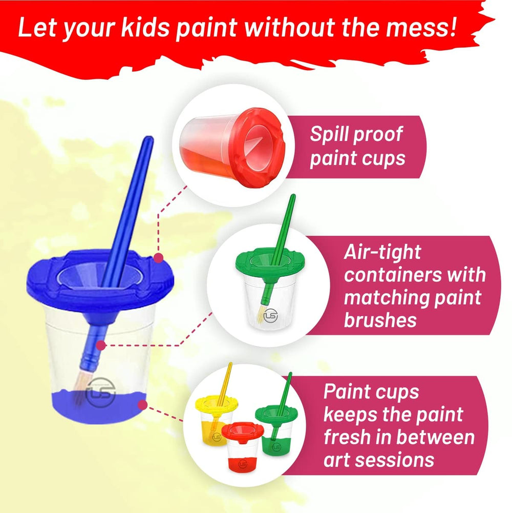 The Mega Deals kids paint set no-spill cups prevent spills during art.