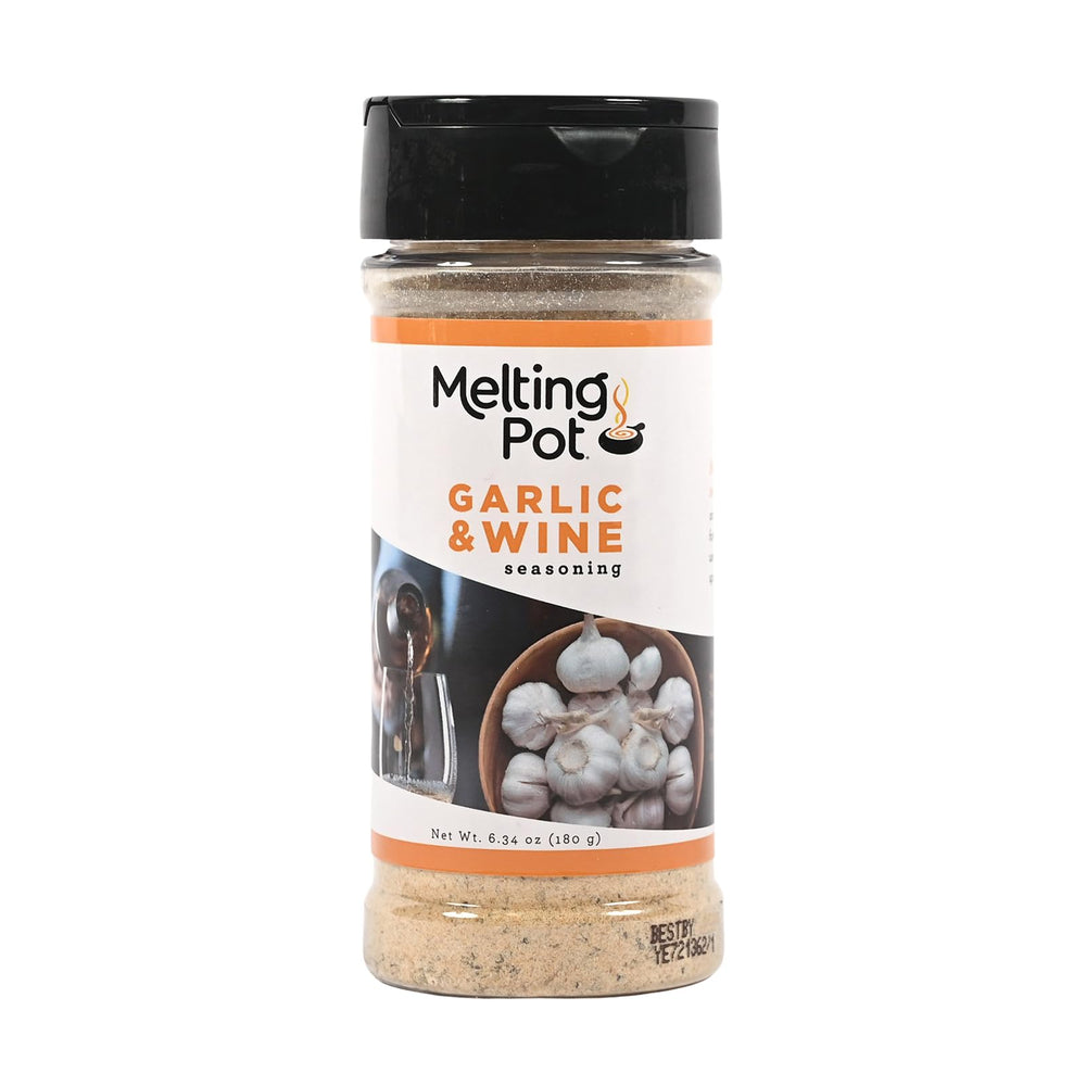 The Melting Pot garlic and wine seasoning bottle on display for easy home flavoring