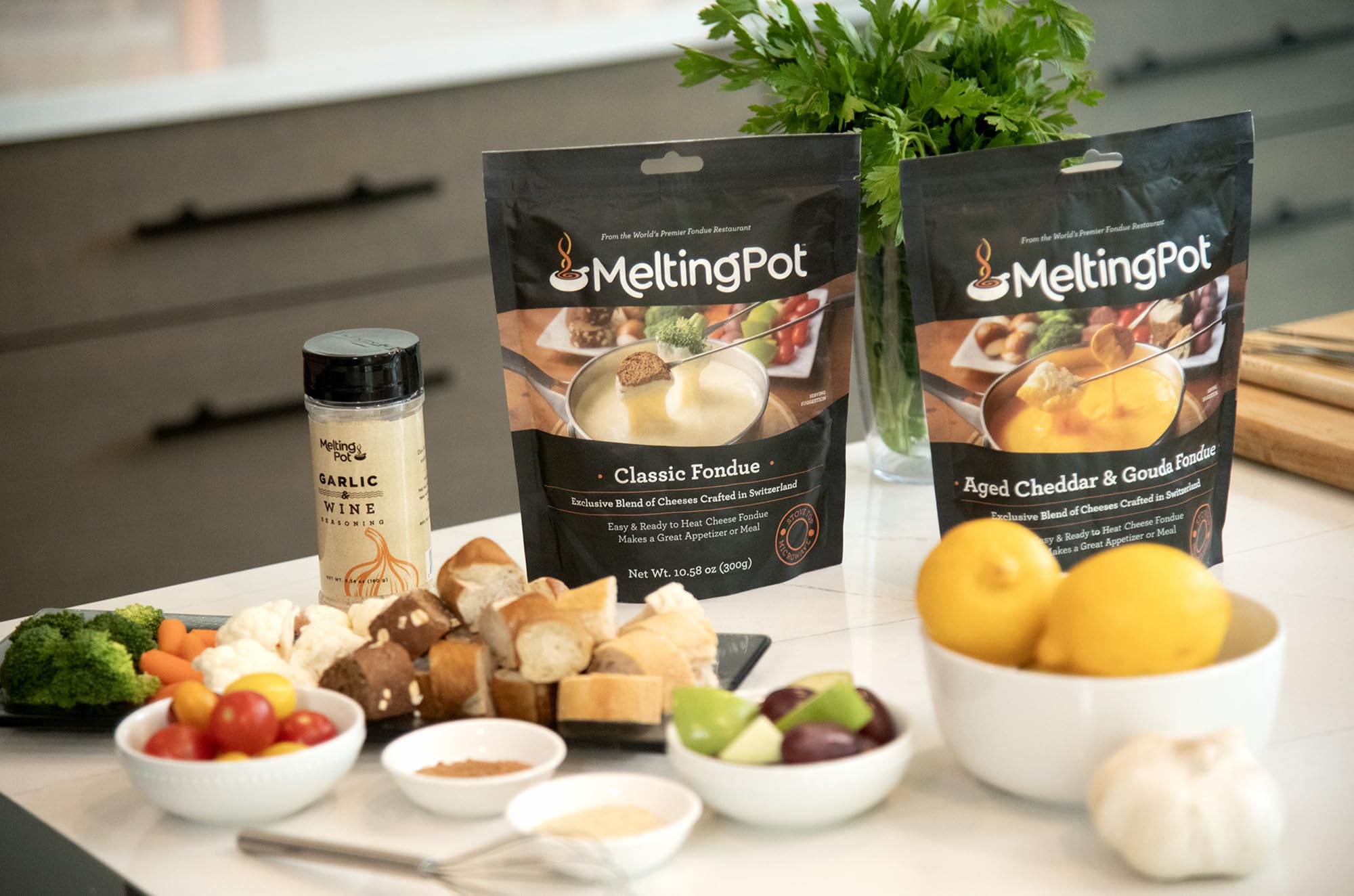 Retail packaging of The Melting Pot garlic and wine seasoning for shoppers
