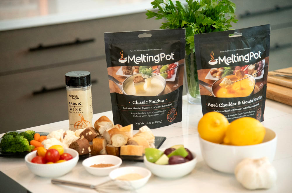 Retail packaging of The Melting Pot garlic and wine seasoning for shoppers